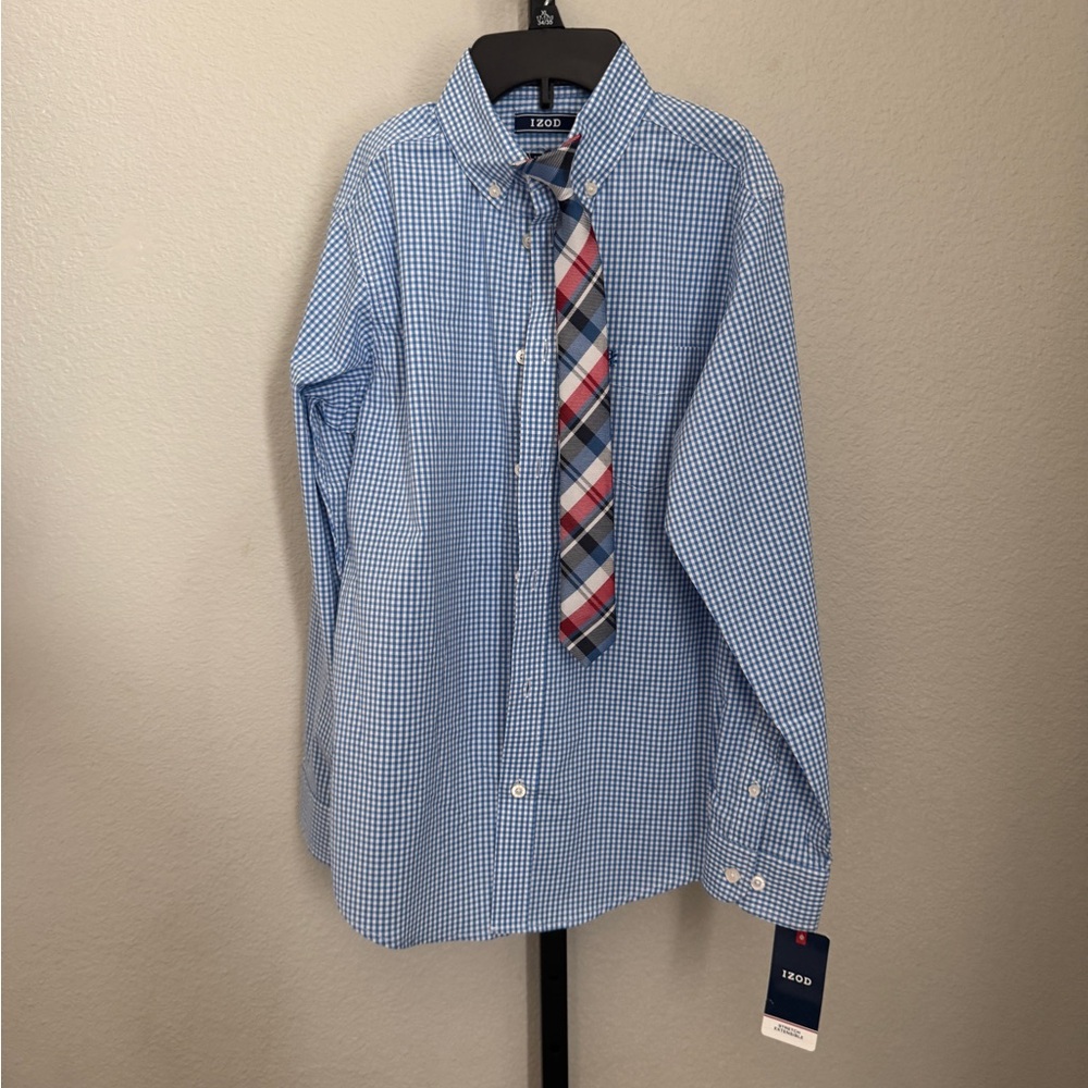 Izod Kids Blue Checkered Button Down Shirt with clip on Tie